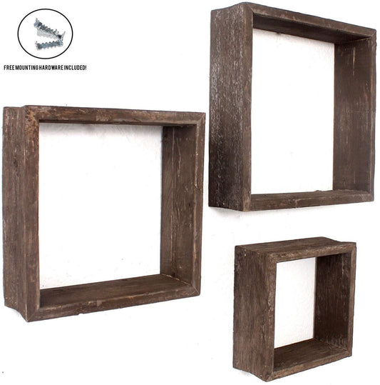 Set Of 3 Square Espresso Reclaimed Wood Open Box Shelve