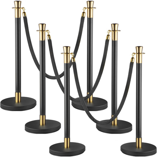 Crowd Control Stanchion, Set of 6 Pieces Stanchion Set, Stanchion Set with 5 ft/1.5 m Black Velvet Rope, Black Crowd Control Barrier with Sturdy Concrete and Metal Base - Easy Connect Assembly